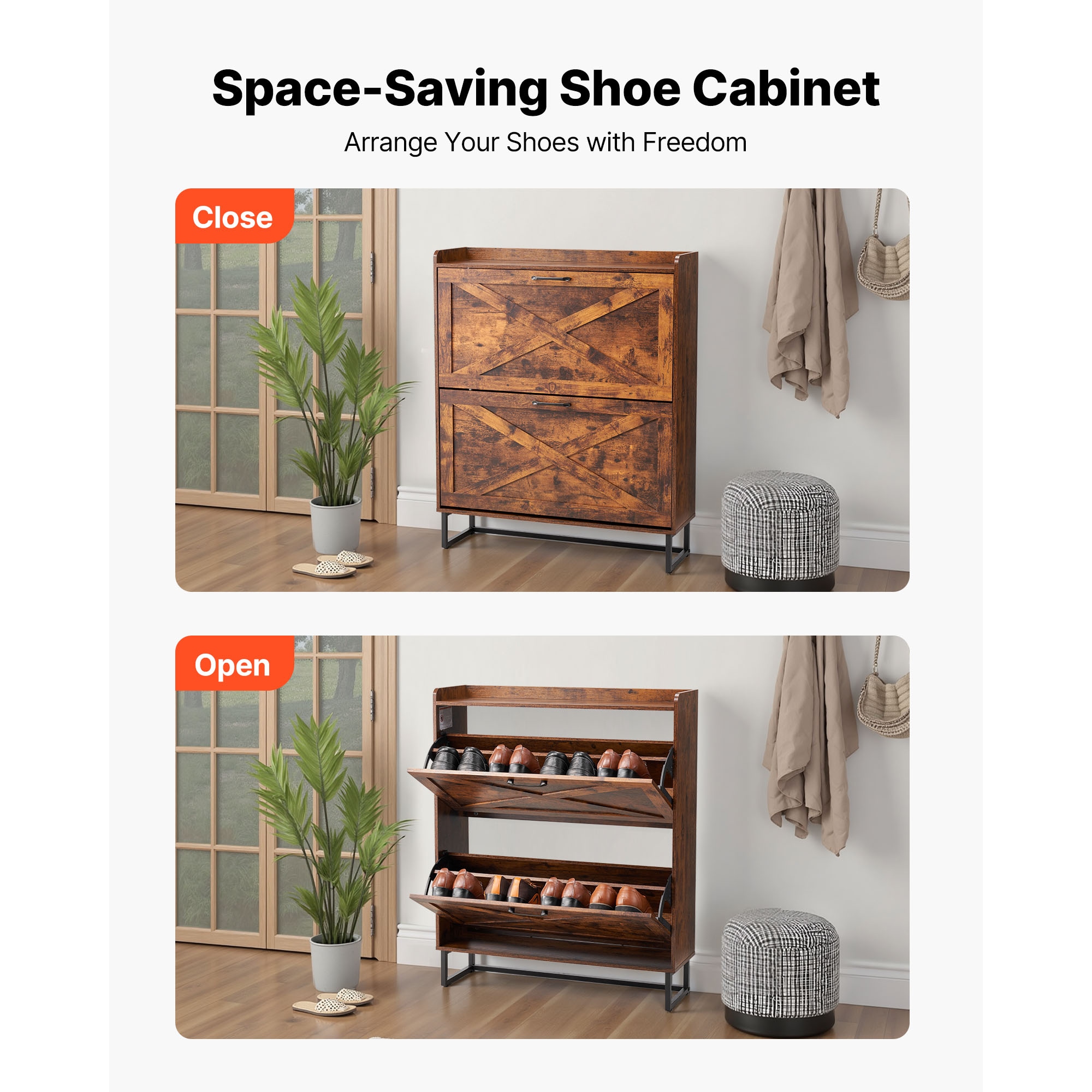 Shoe Cabinet With 2 Flip Drawers, Farmhouse Shoes Storage Cabinet With Metal Legs And Anti-Tipping Device, Freestanding Shoe Organizer Ideal For Entryway, Hallway, Bedroom, Living Room, Brown_maomaolike.com